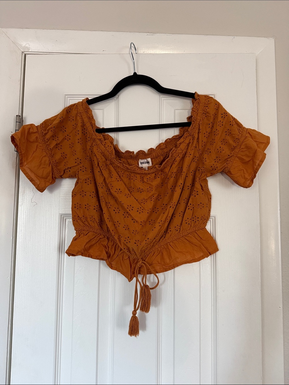 Eyelet Peasant Crop Top - Mustard